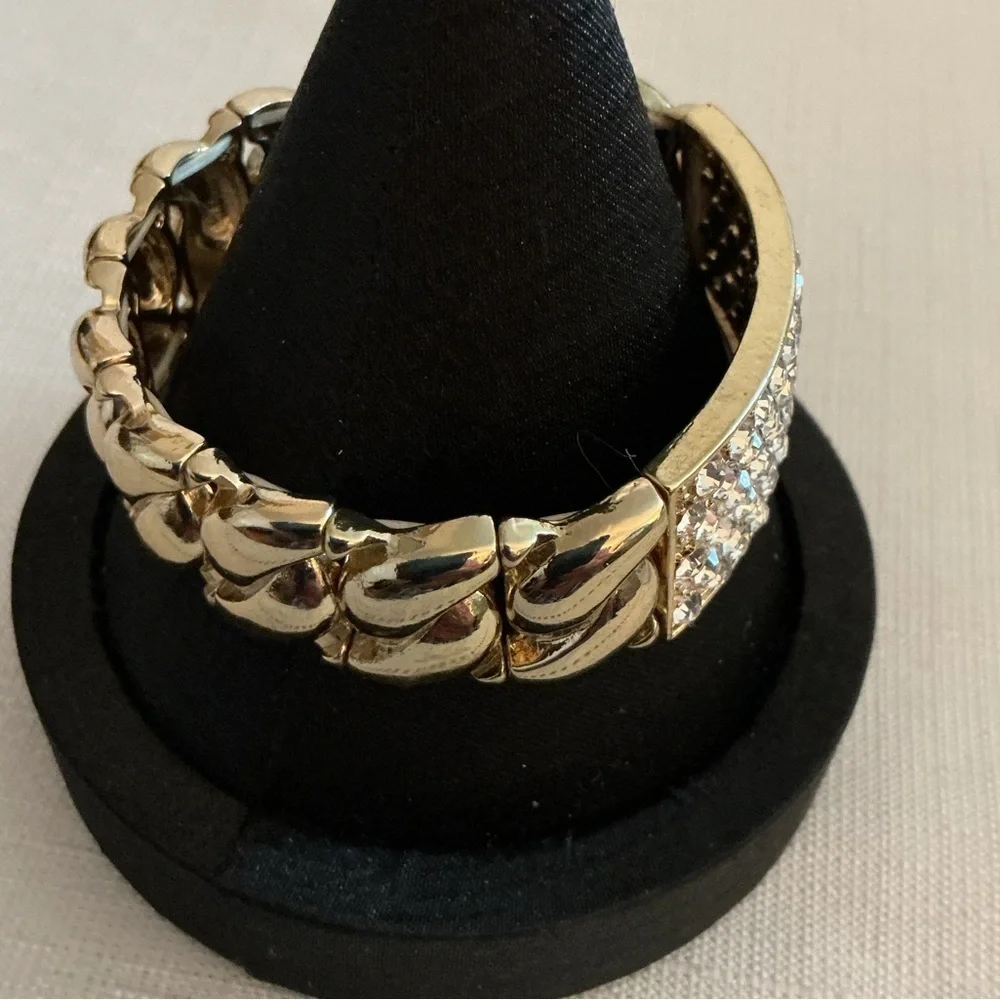 Clear Rhinestone Vintage Gold Tone Stretch Bracelet